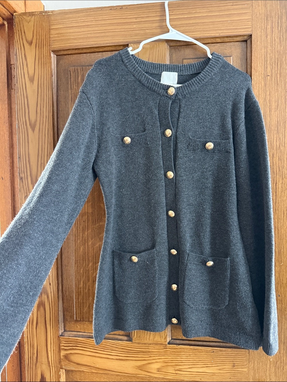 H&M Charcoal Gray Crewneck Cardigan with Gold Buttons